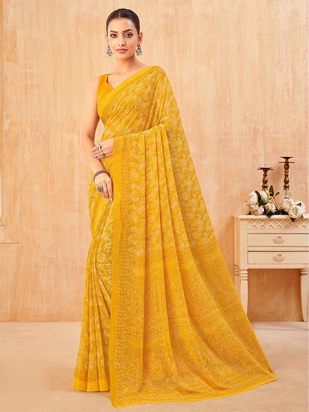 

Anouk Rustic Ethnic Motifs Printed Pure Georgette Dabu Saree, Yellow