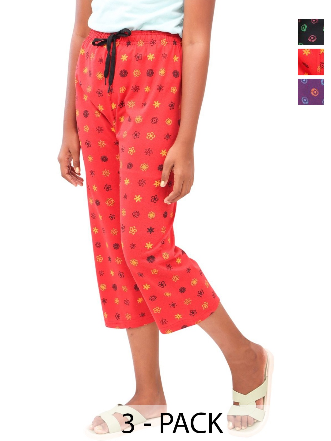 

AFRA GARMENT Women Pack Of 3 Printed Mid-Rise Cotton Capris, Red
