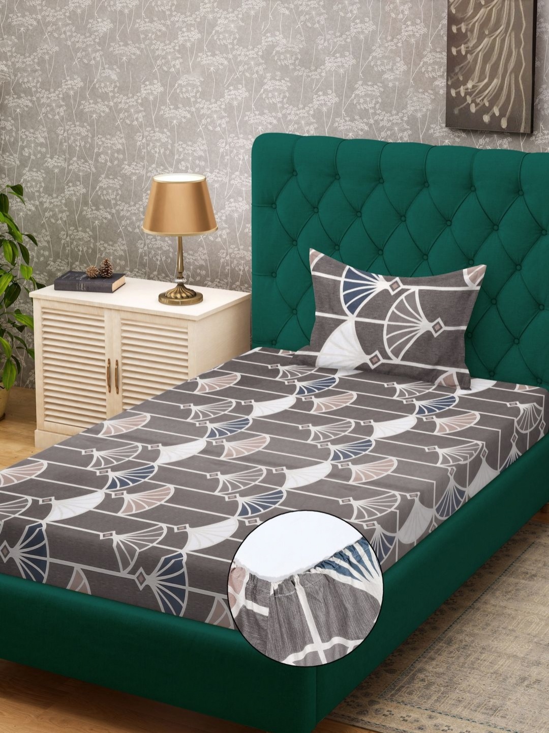 

KLOTTHE Brown & Blue Floral Printed 300 TC Fitted Single Bedsheet Set 2.25 m x 1.50 m