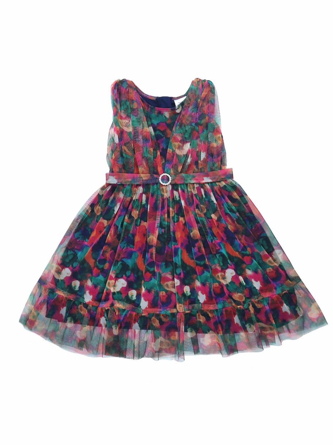 

Doodle Girls Floral Printed Net Round Neck Fit & Flare Dress, Navy blue