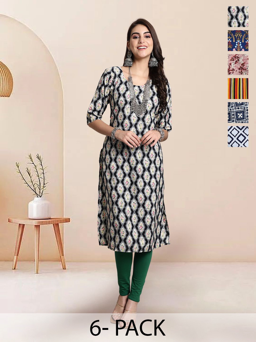 

7Threads Selection of 6 Floral Printed Round Neck Straight Kurtas, Black