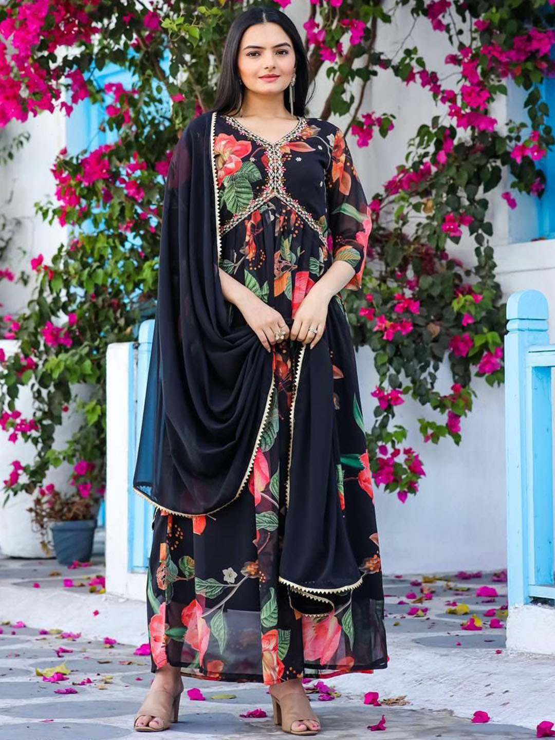 

Bought First Floral Printed Thread Embroidred V-Neck Anarkali Ethnic Dress With Dupatta, Black