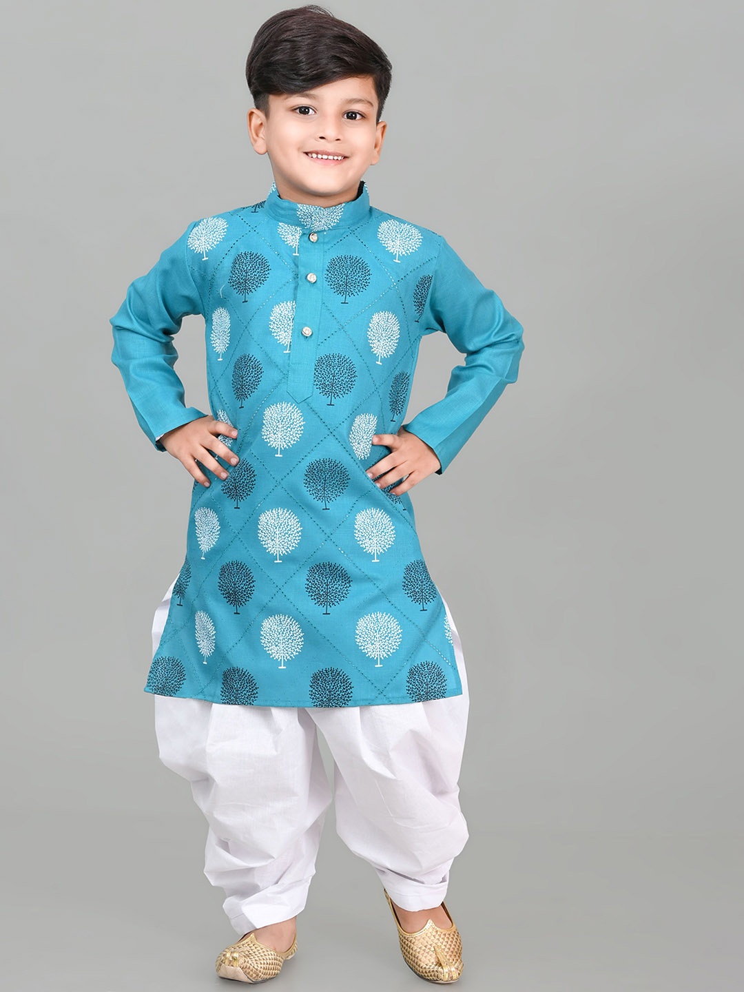 

Cae Boys Floral Printed Mandarin Collar Kurta With Patiala, Blue