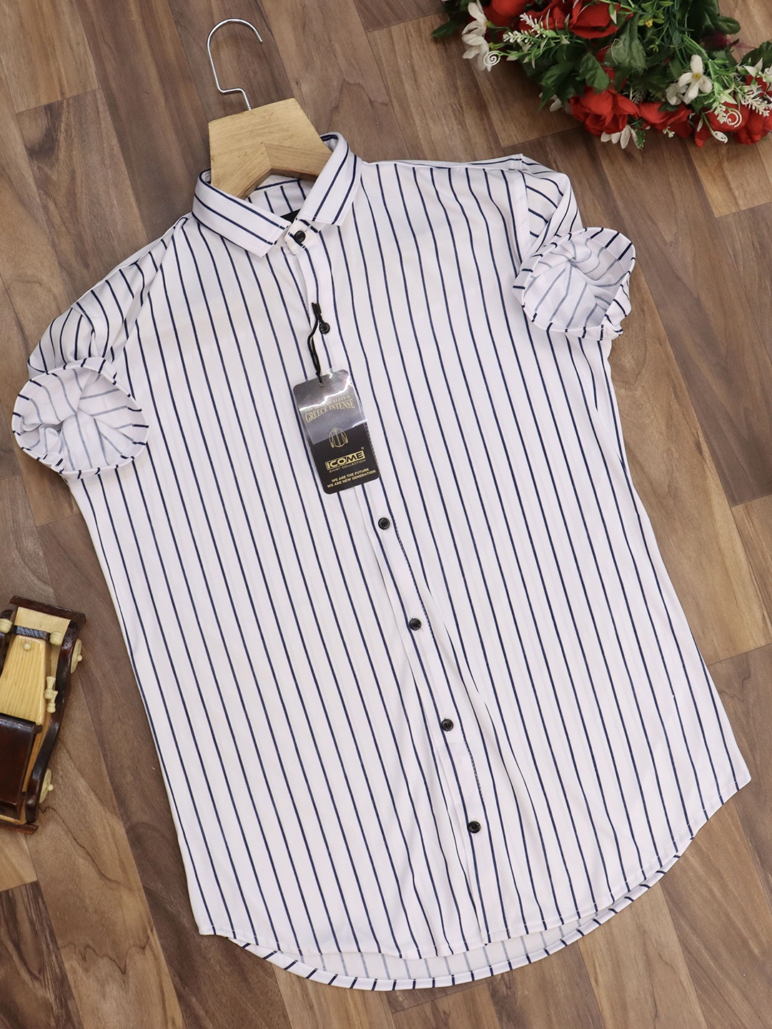

iCome Men Classic Opaque Striped Casual Shirt, White