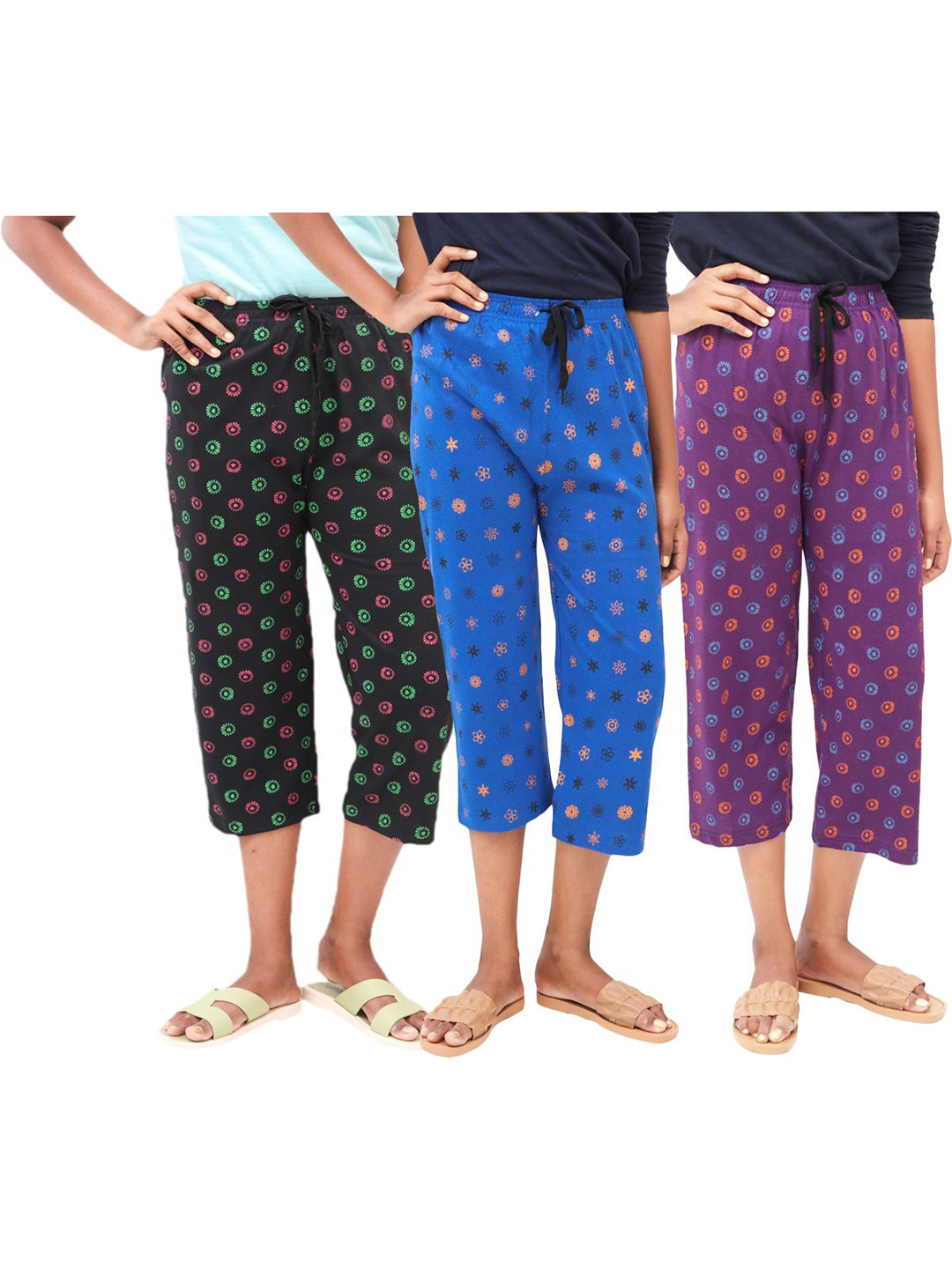 

AFRA GARMENTS Women Pack of 3 Printed Regular Fit Capris, Blue