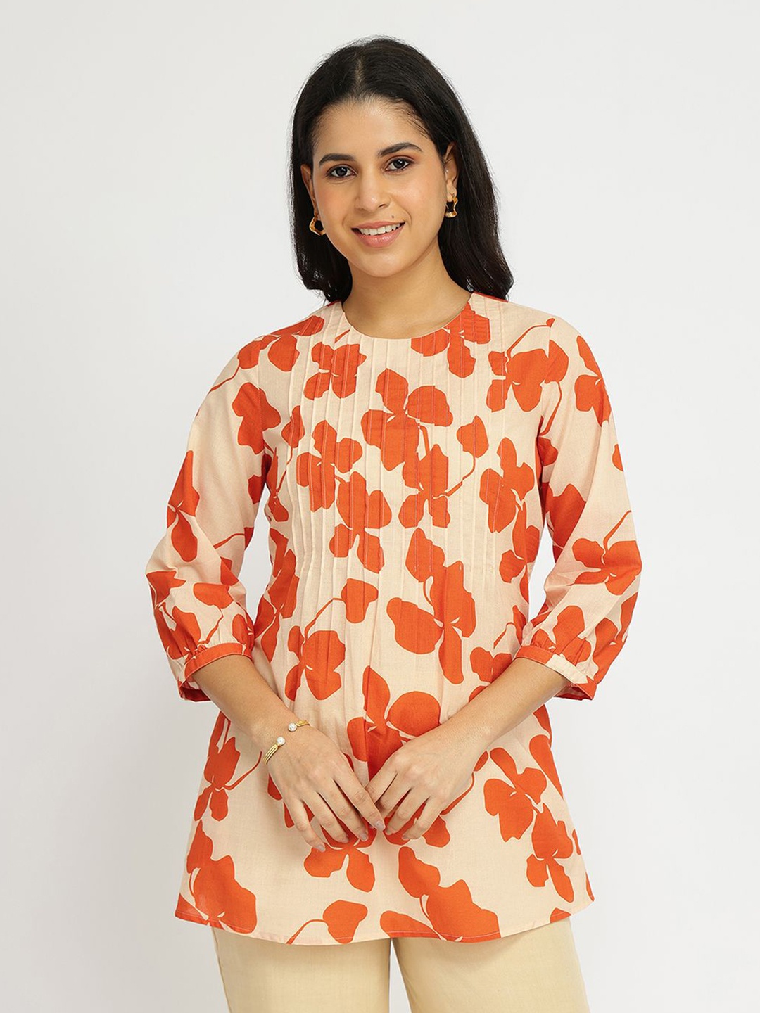 

Pink Fort Floral Print Cotton Top, Off white