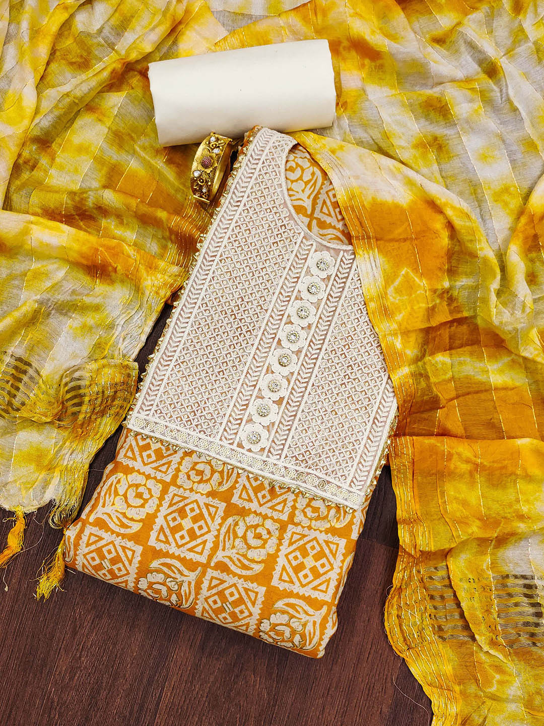 

SAINOOR Ethnic Motifs Printed Pure Cotton Unstitched Dress Material, Yellow