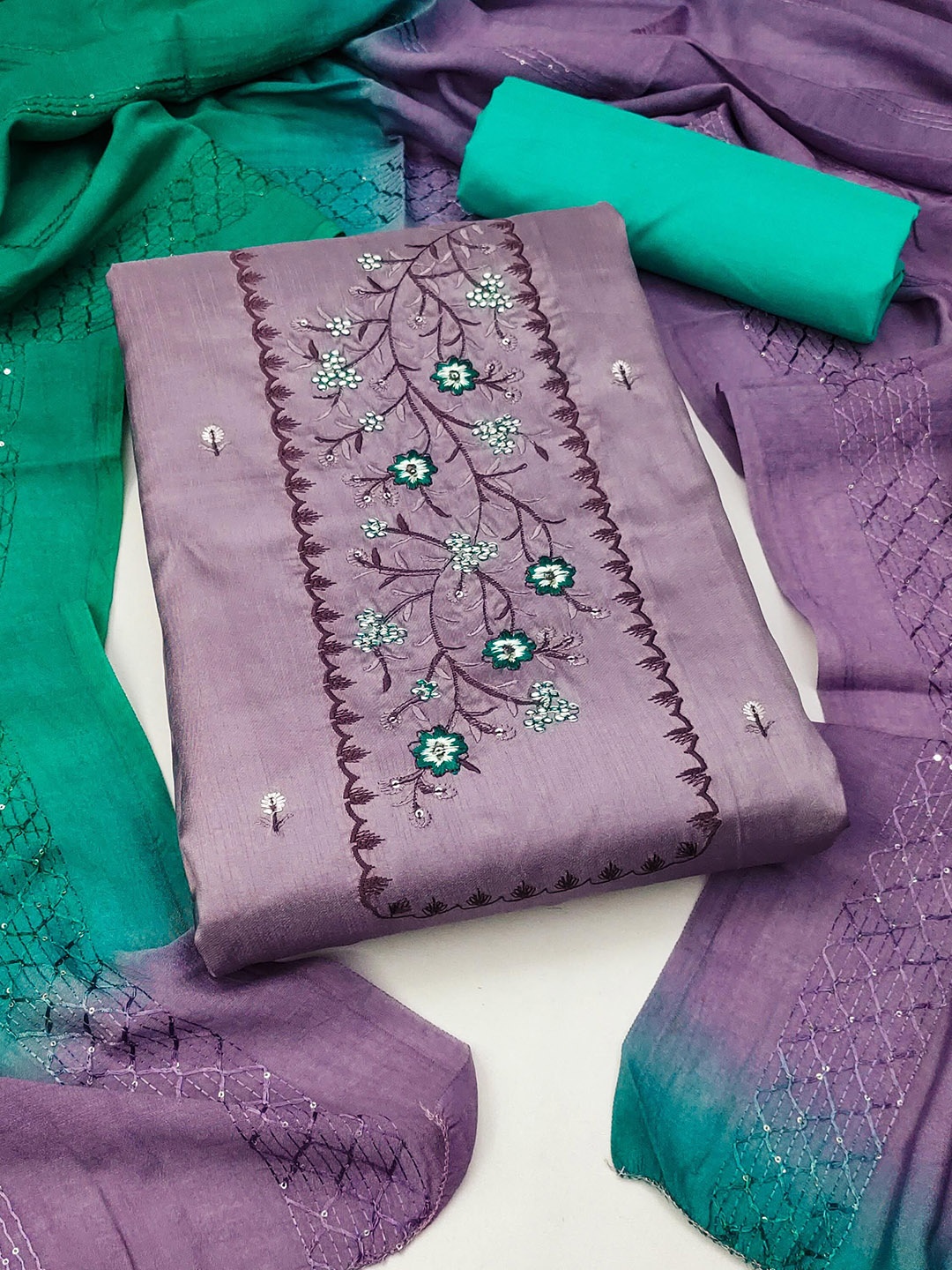 

SAINOOR Floral Embroidered Unstitched Dress Material, Purple