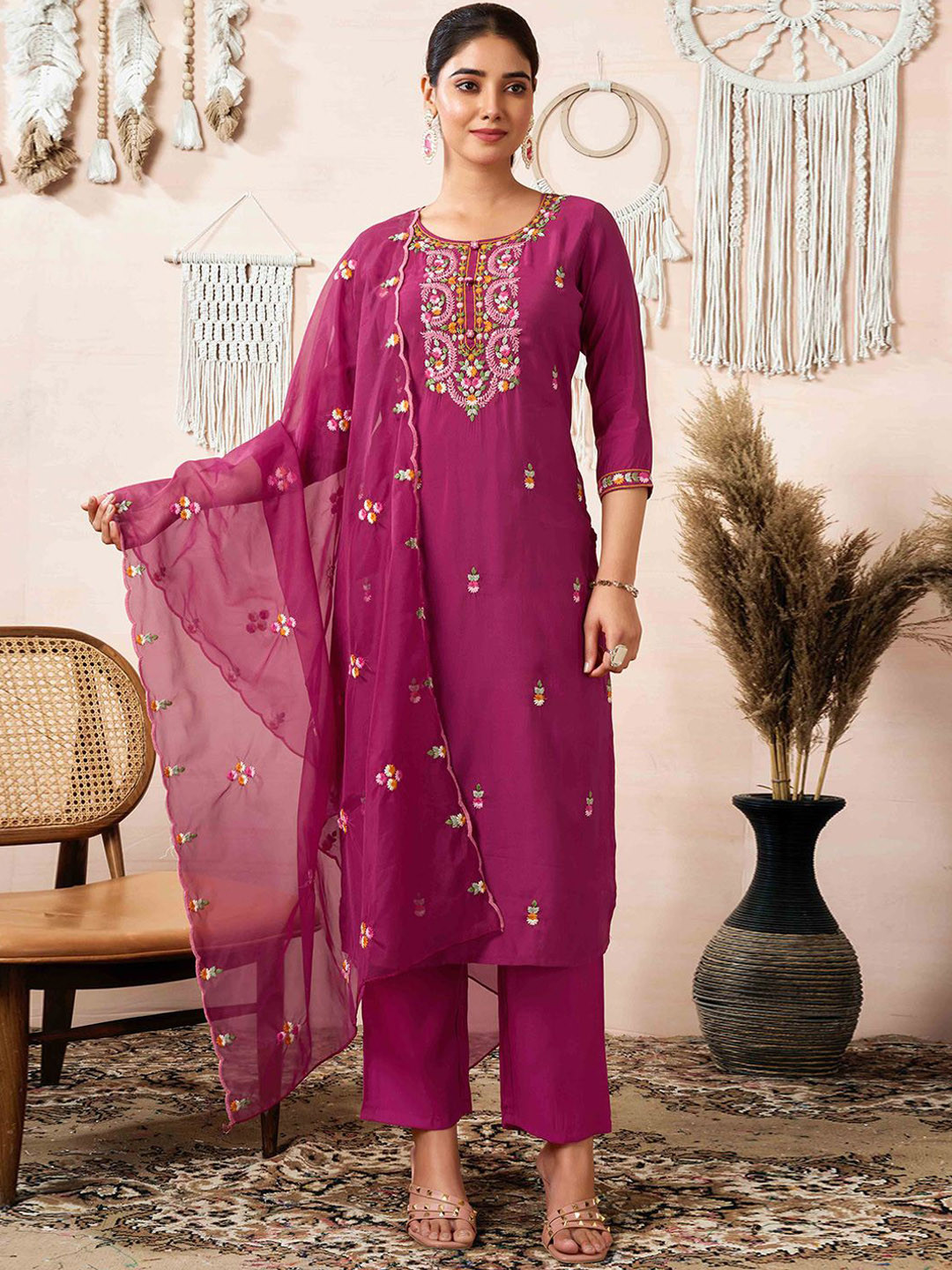 

Peachmode Floral Embroidered Thread Work Chanderi Silk Kurta With Trouser And Dupatta, Burgundy