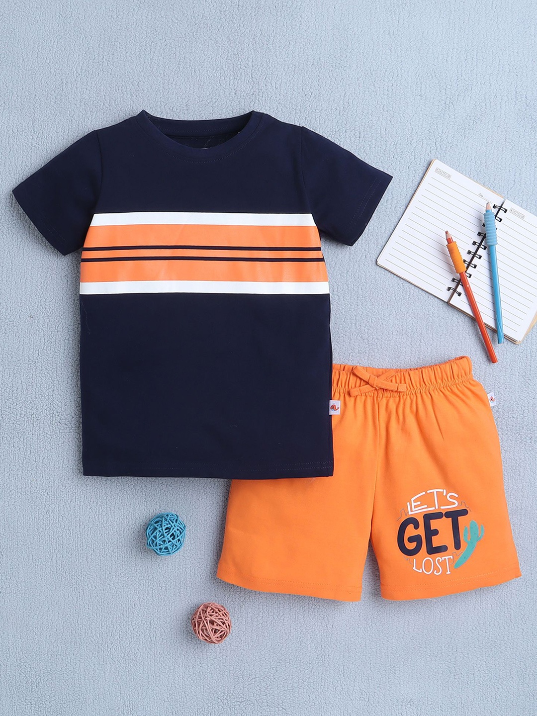 

BUMZEE Boys Striped Round Neck Pure Cotton T-shirt With Shorts, Navy blue