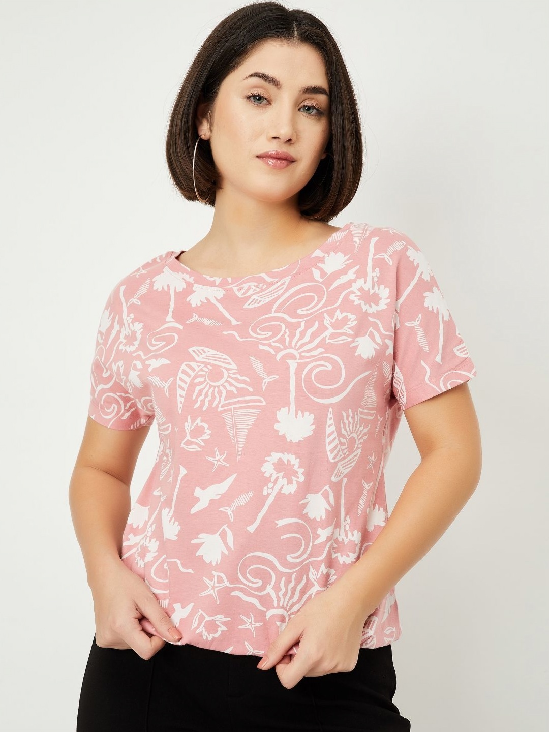 

max Women Conversational Printed Round Neck Cotton T-shirt, Pink
