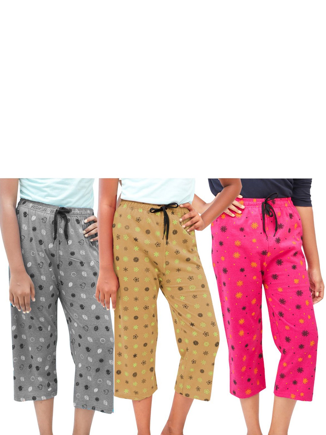 

AFRA GARMENTS Women's Printed Capris Pack Of 3, Grey melange