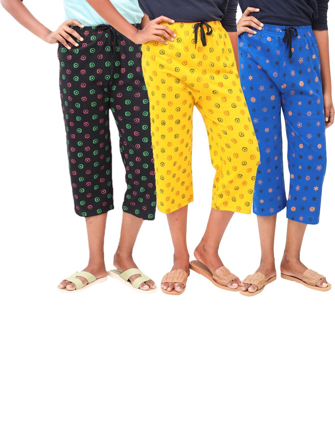 

AFRA GARMENTS Women Pack Of 3 Printed Cotton Capris, Yellow