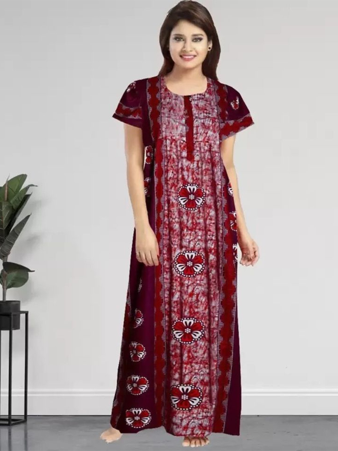 

PR PINK ROYAL Women Printed Kaftan Nightdress, Red