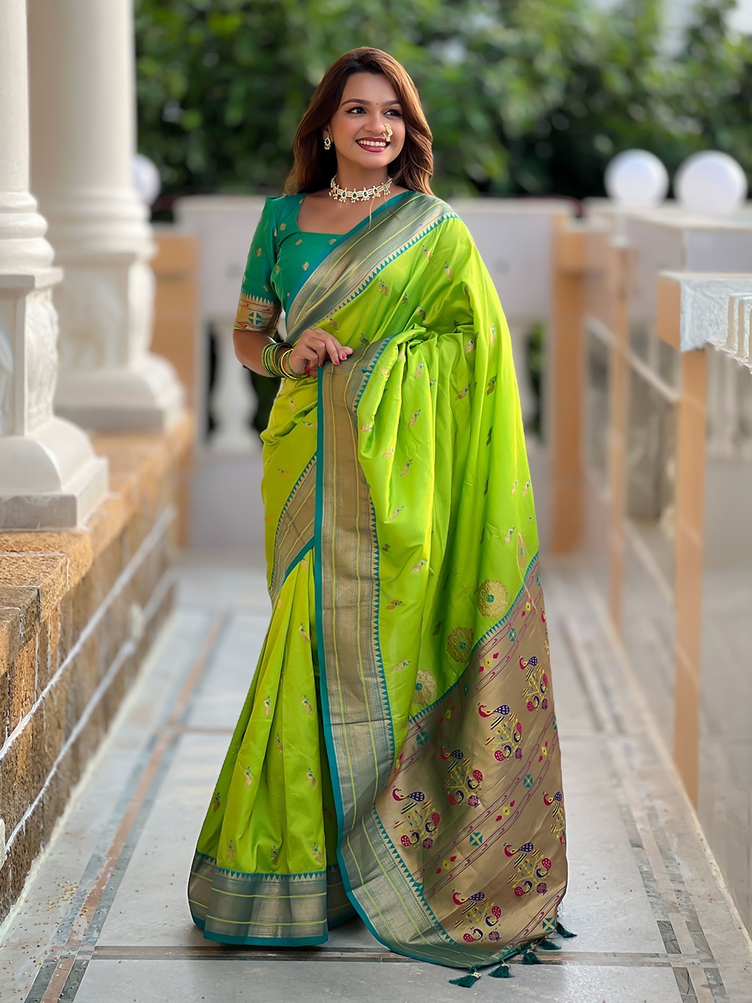 

Divyadham Textiles Ethnic Motifs Woven Design Zari Pure Silk Paithani Saree, Green
