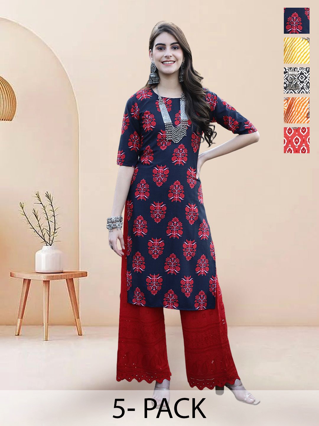 

7Threads Selection Of 5 Ethnic Motifs Printed Round Neck Kurtas, Blue