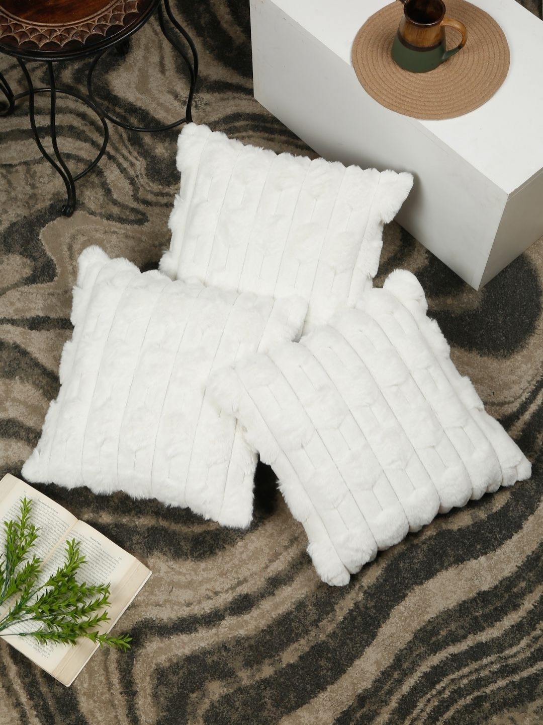 

HOSTA HOMES White 3 Pieces Textured Fur Square Cushion