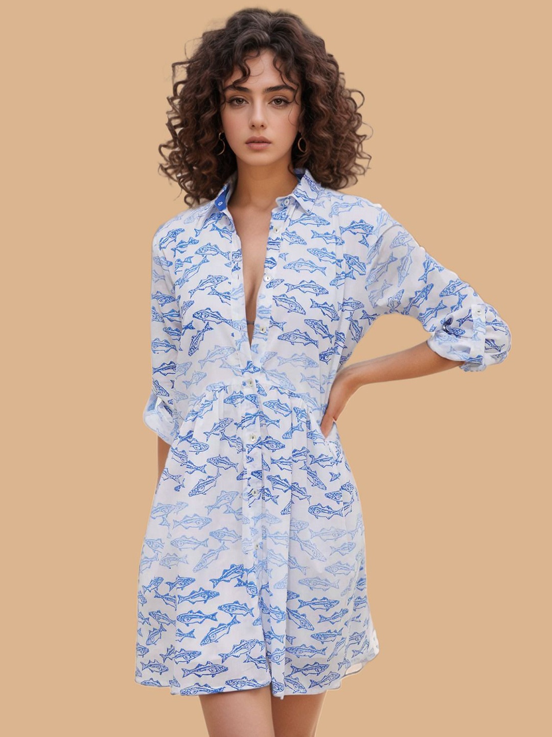 

Roadster Fish Print Above Knee A Line Dress, White