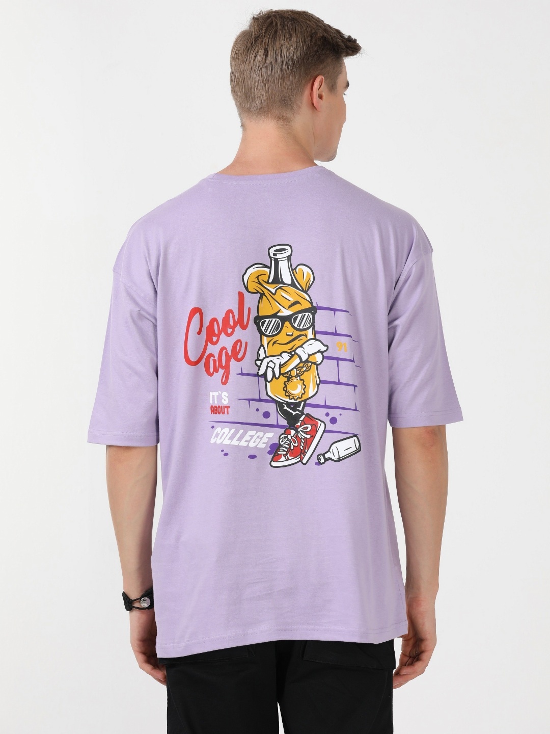 

QUCO Men Bio Finish Graphic Printed Round Neck Cotton Oversized T-shirt, Lavender
