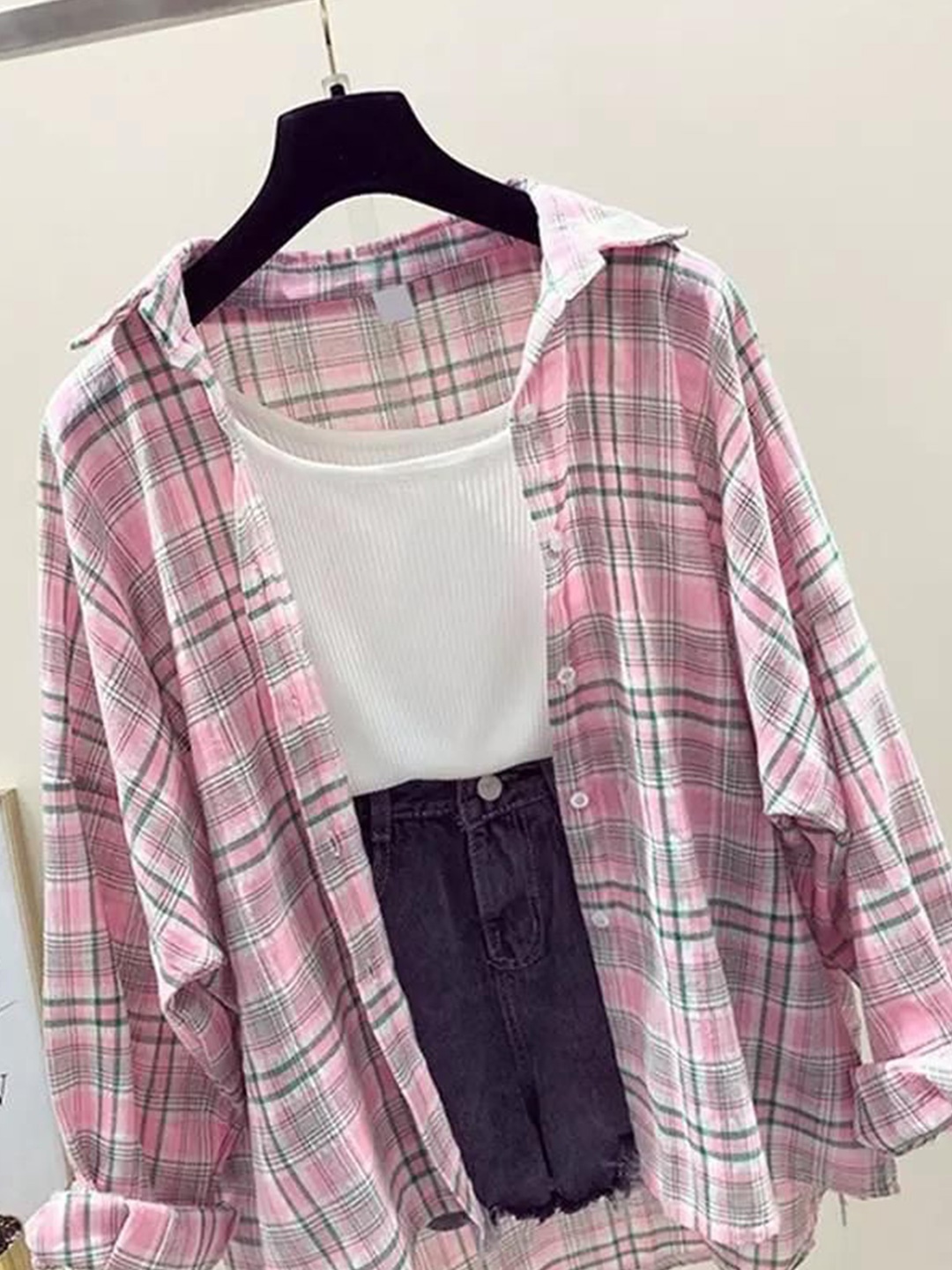 

Alamode By Akanksha Pink Plaid Streetstyle Shirt (ONLY SHIRT)