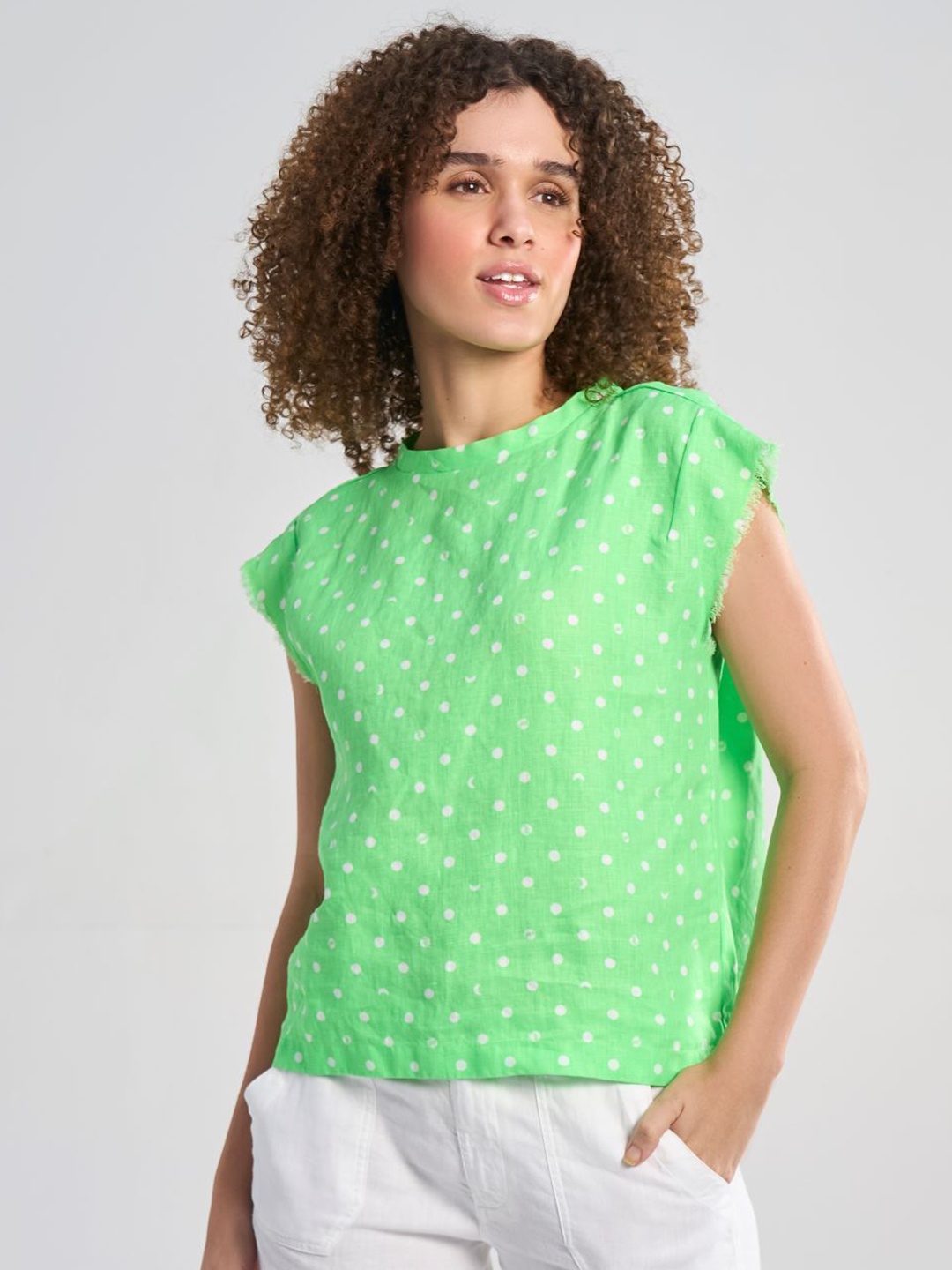 

Terra Luna Women Geometric Printed Round Neck Linen Relaxed Fit T-shirt, Green