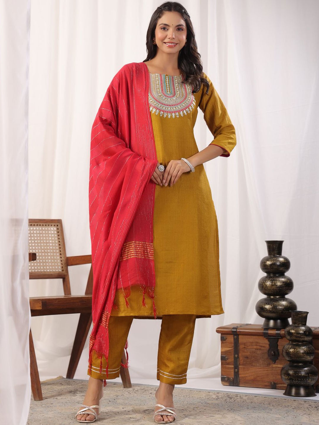 

KALINI Sequinned Embroidered Round Neck Kurta With Trousers & Dupatta, Mustard