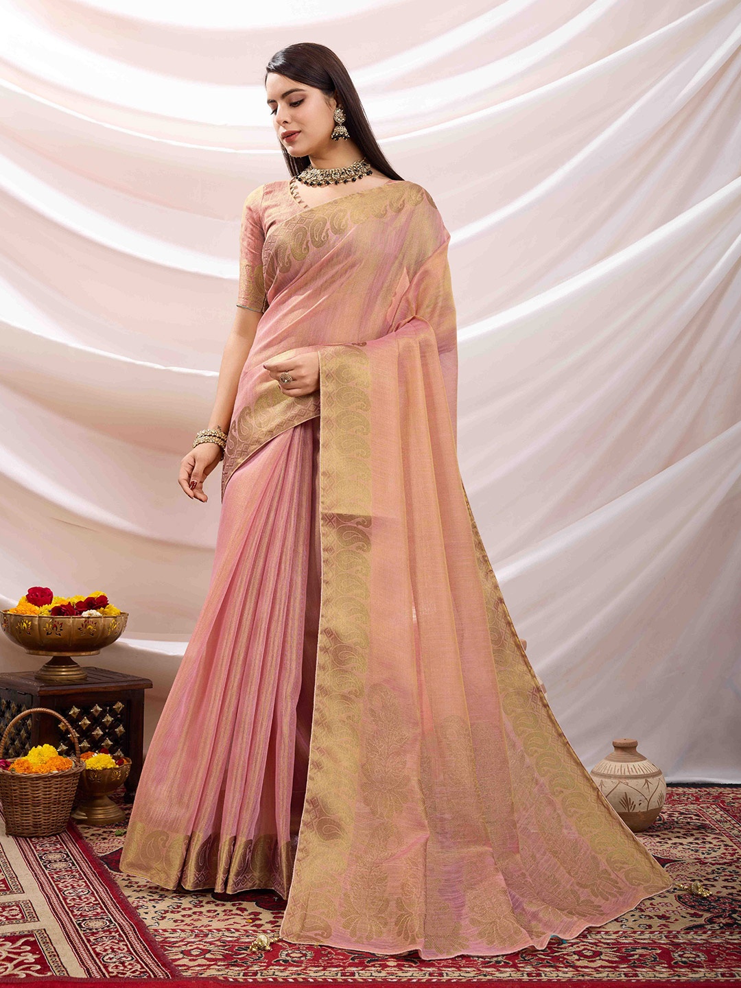 

Mitera Zari Linen Blend Saree, Pink