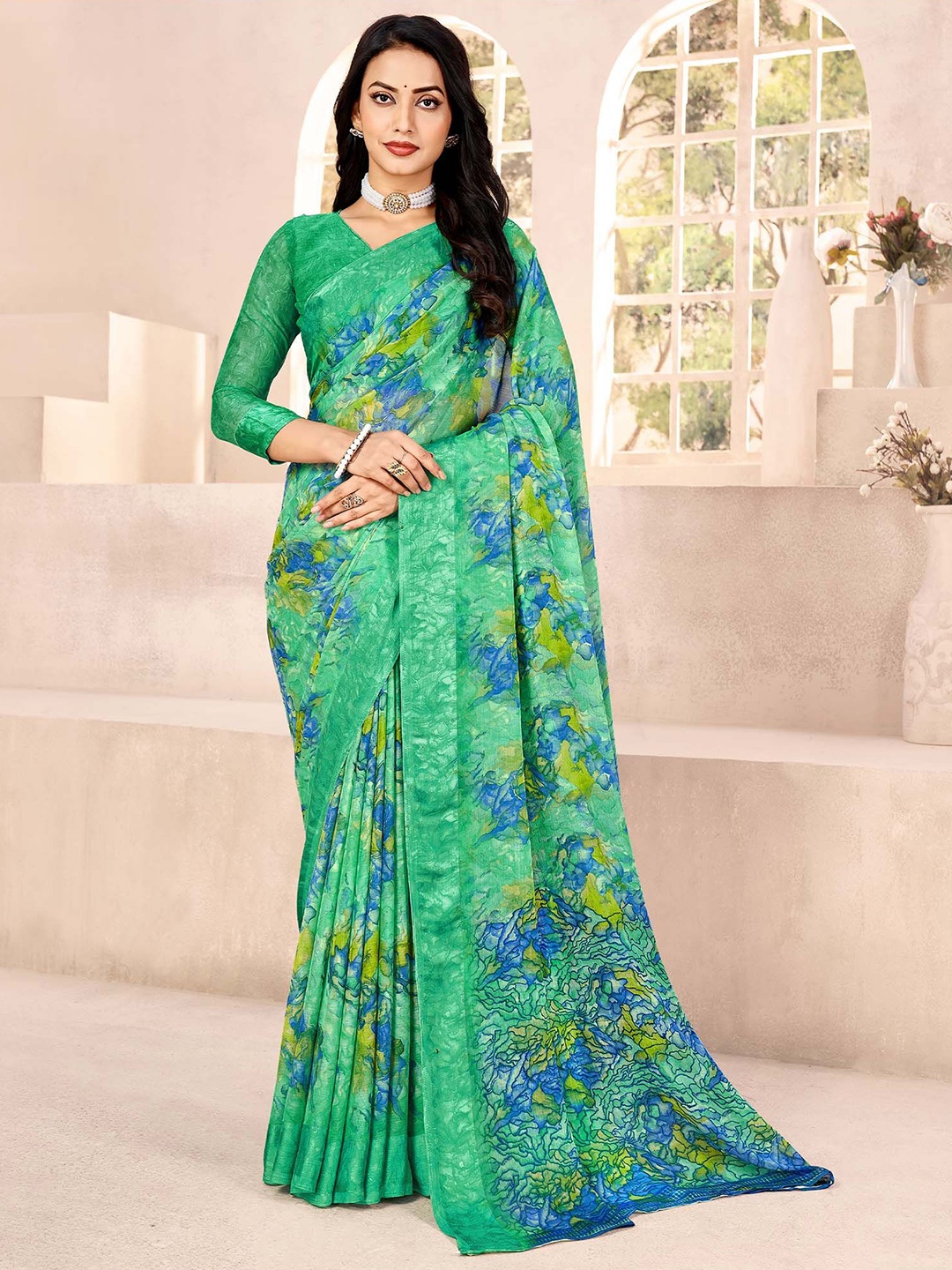 

Mitera Floral Print Bagru Saree, Green