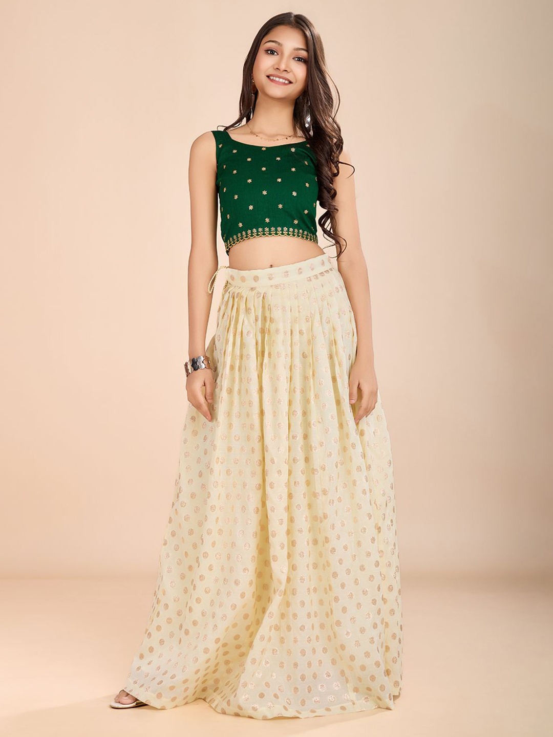 

Tasarika Girls Embroidered Sequinned Ready To Wear Lehenga & Choli, Green