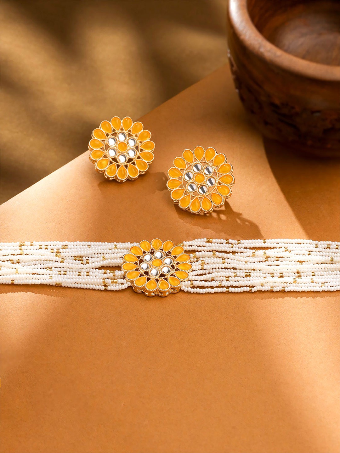 

Yellow Chimes Gold-Plated Stone-Studded & Beaded Mothi Choker Set