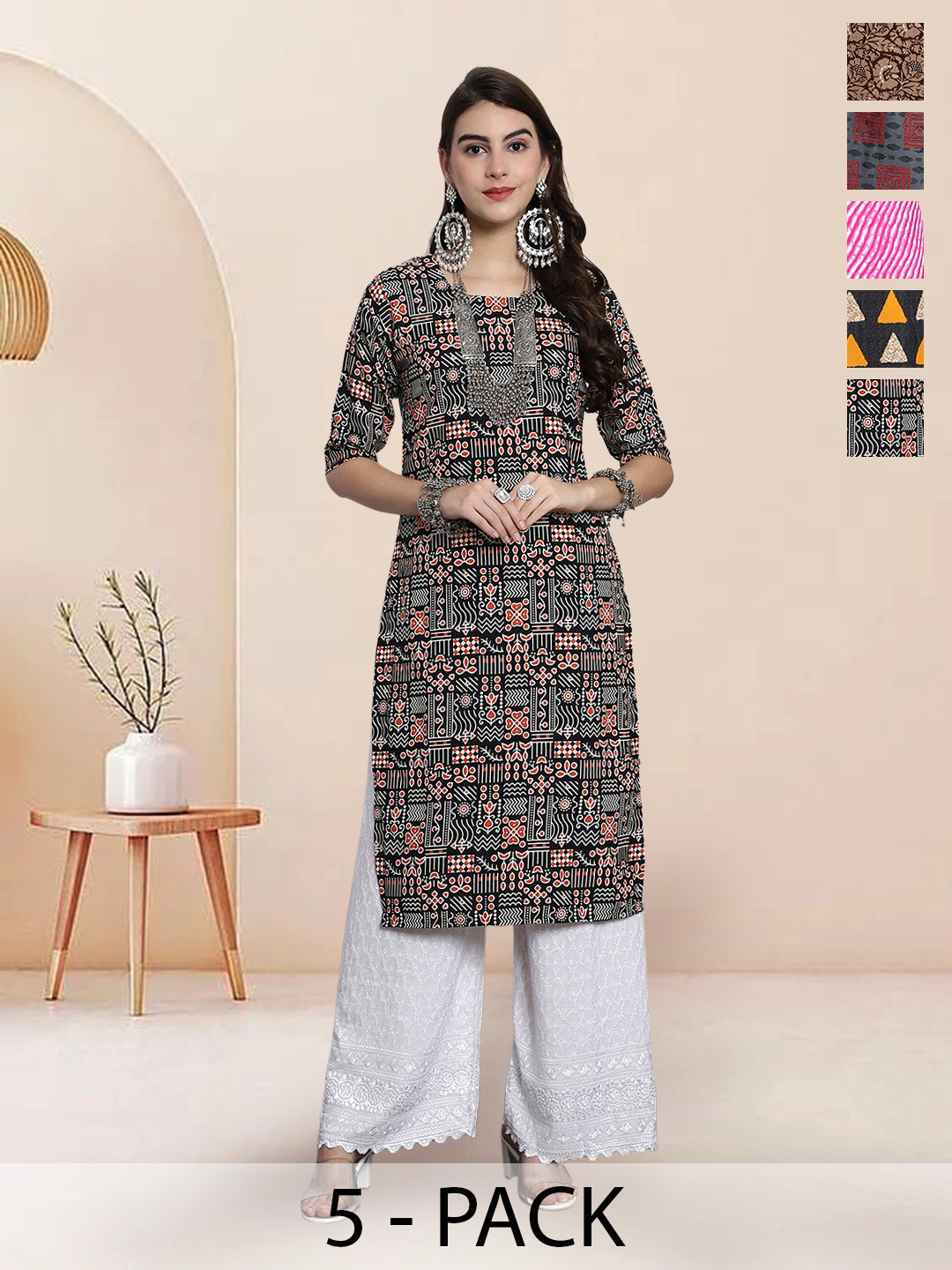 

7Threads Selection of 5 Geometric Printed Round Neck Straight Kurtas, Black