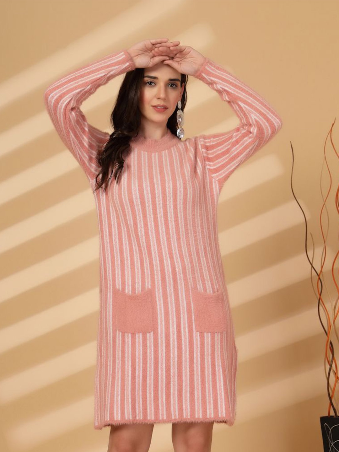 

all about you Striped Woollen Dress, Peach