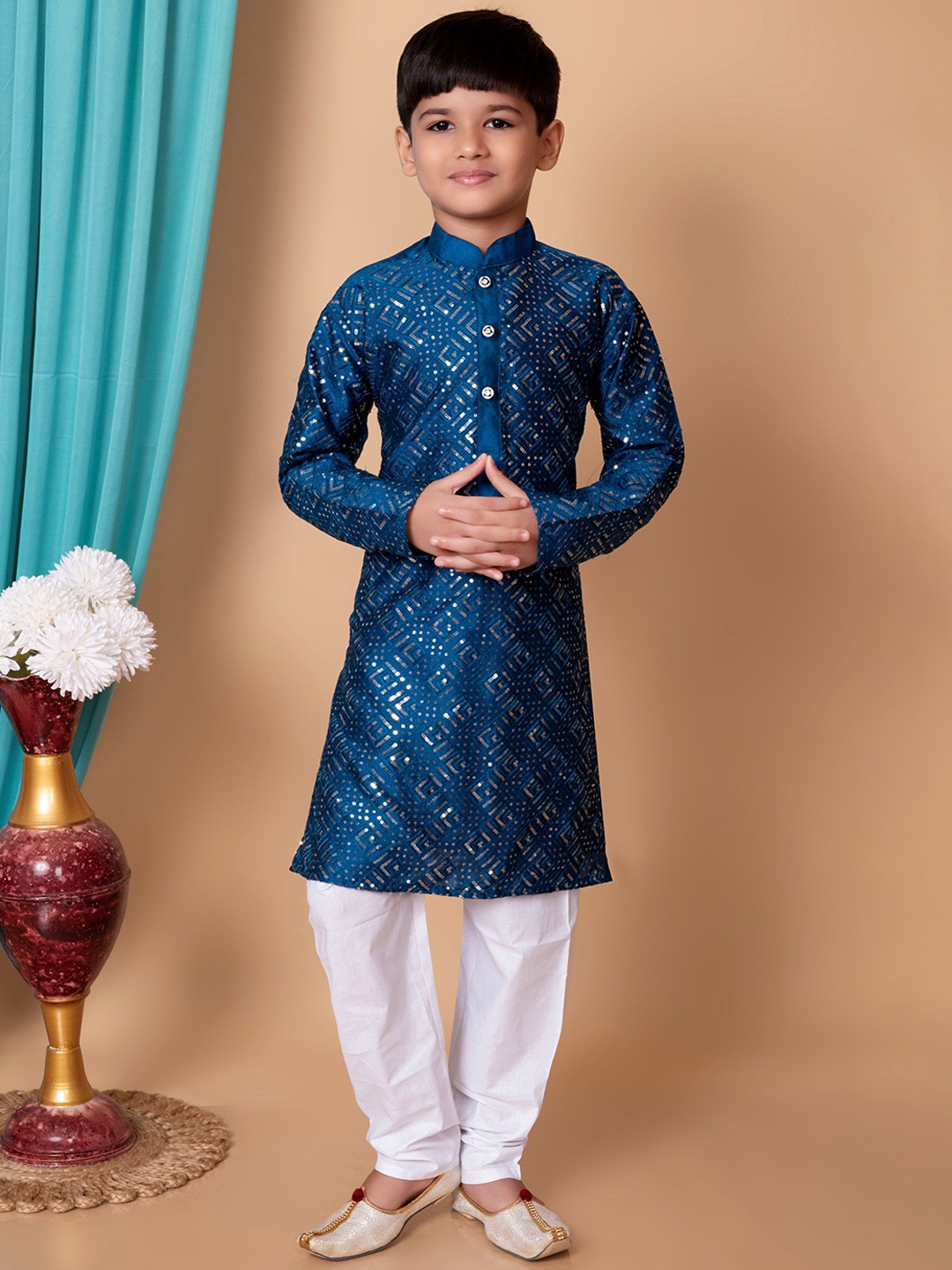 

Cae Boys Embroidered Regular Sequinned Dupion Silk Kurta with Pyjamas, Blue