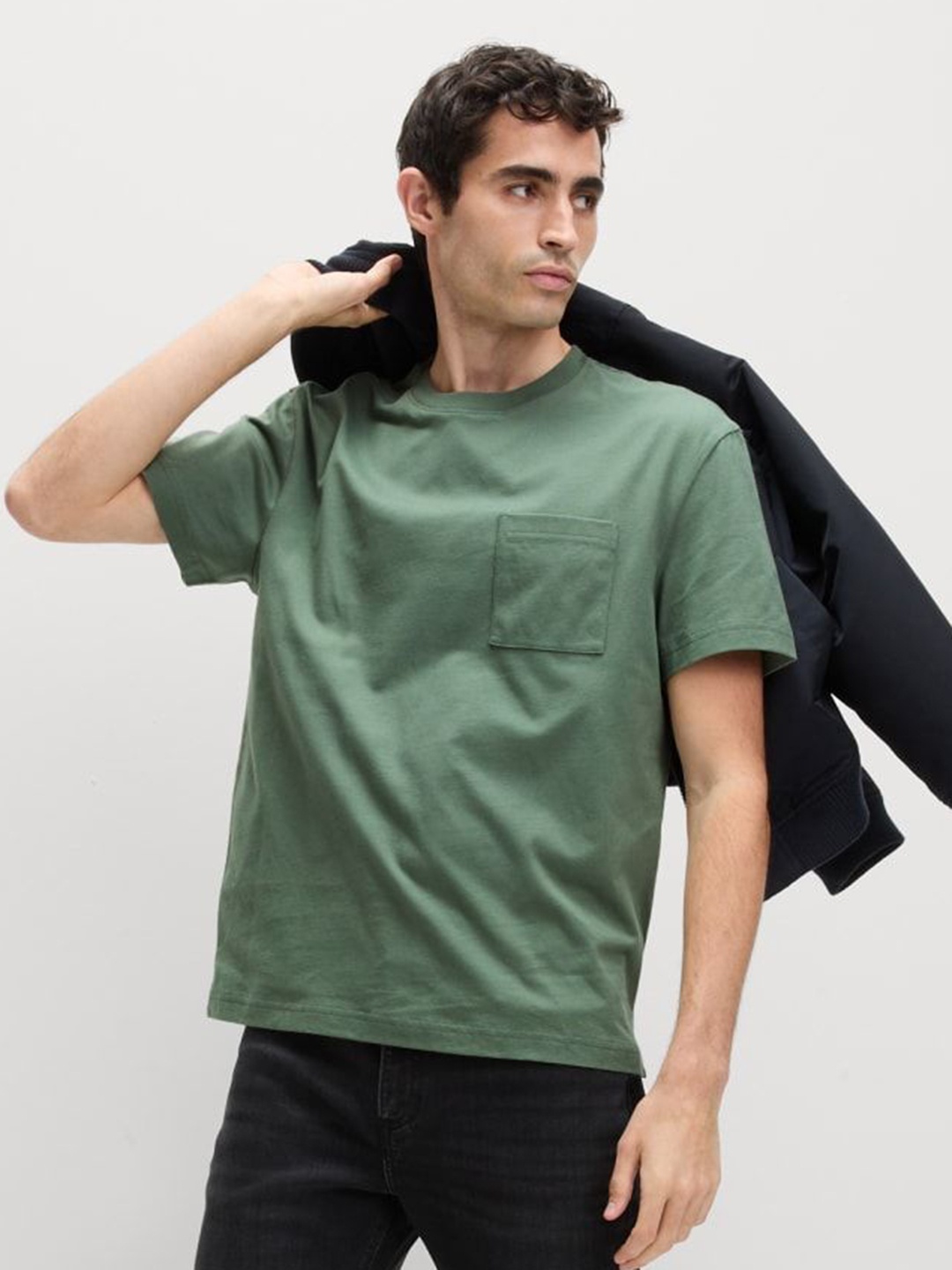 

Marks & Spencer Men Solid Round Neck Cotton T-shirt, Green