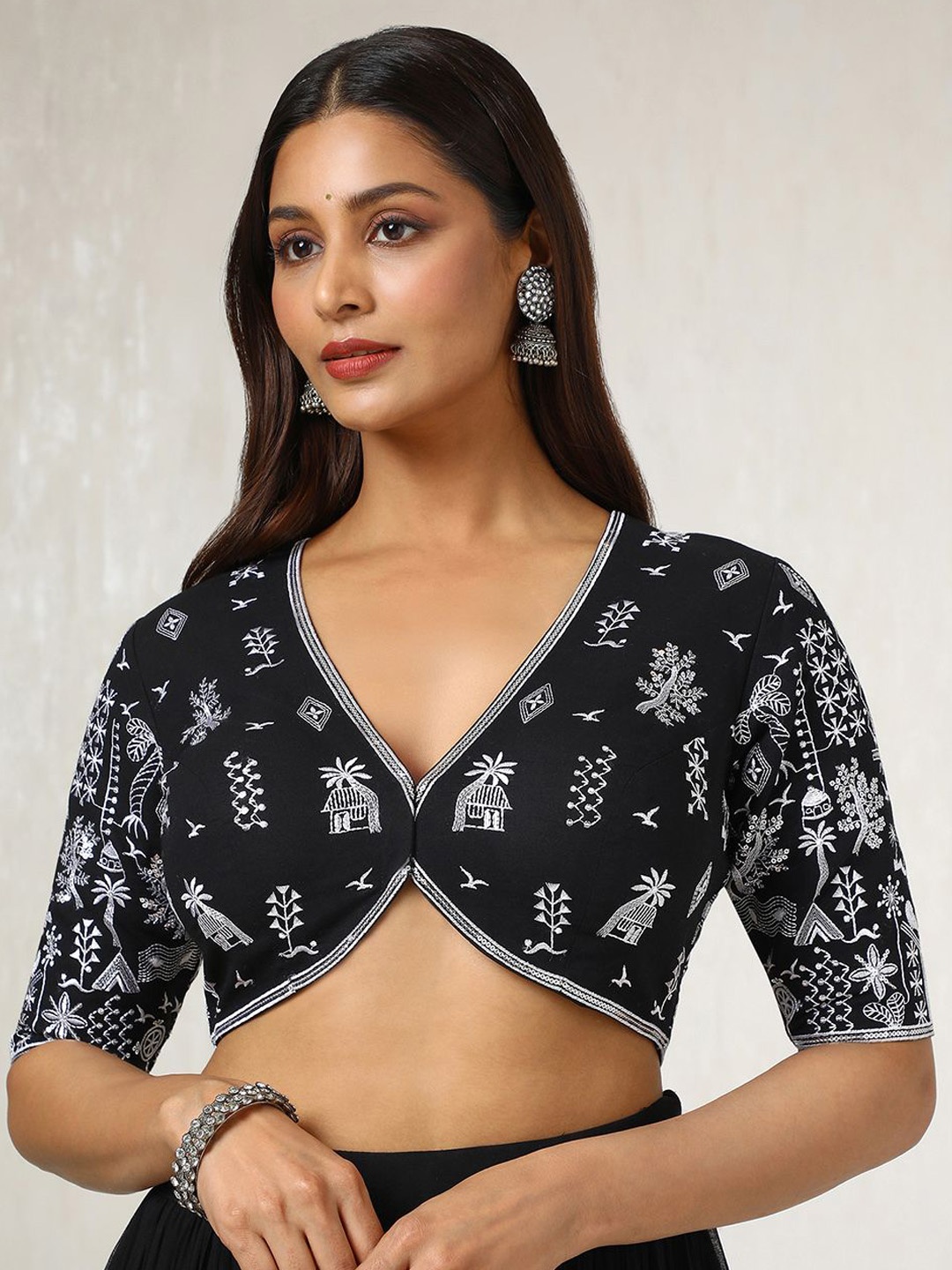 

Soch Embroidered Cotton V Neck Saree Blouse With Sequins, Black