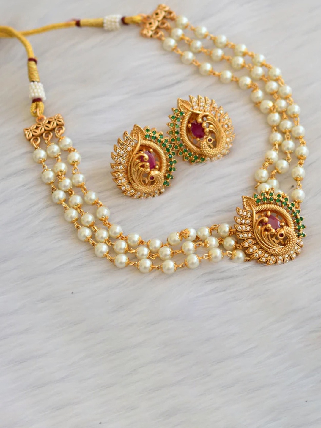 

ROFARWORD Gold-Plated Cubic Zirconia Stones Studded & Pearls Beaded Jewellery Set