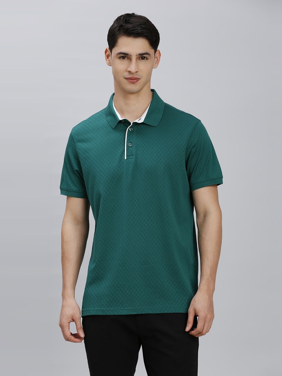 

Reid & Taylor Men Self Design Polo Collar Cotton T-shirt, Teal