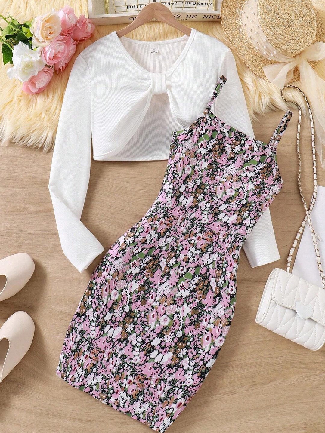 

BAESD Girls Floral Printed Bodycon Midi Dress With Top, White