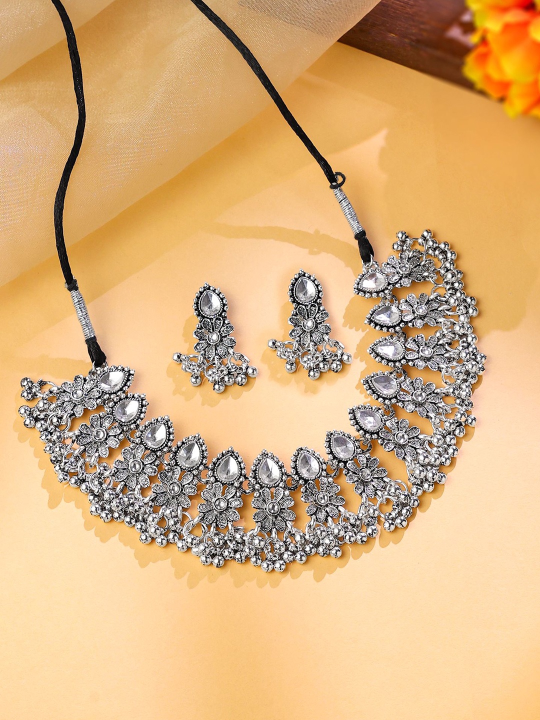 

Yellow Chimes Oxidised Silver-Plated Stone-Studded Oxidised Jewellery Set