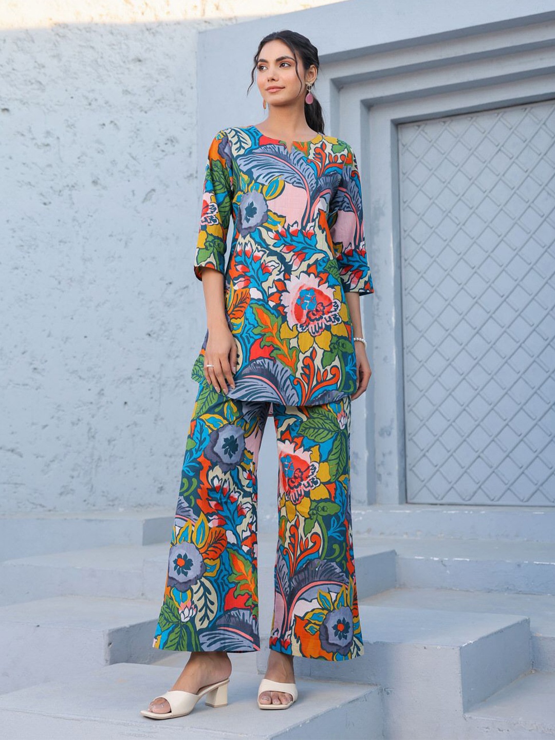 

JISORA Printed Pure Cotton Top & Trousers Co-ord Set, Blue