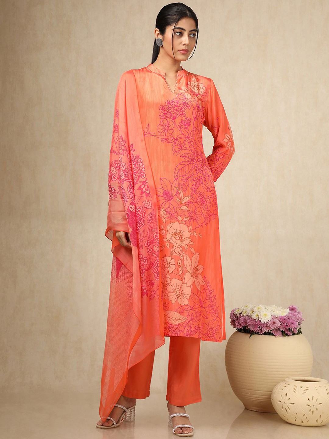 

Soch Floral Printed Mandarin Collar Beads Work Straight Kurta With Trouser & Dupatta, Orange