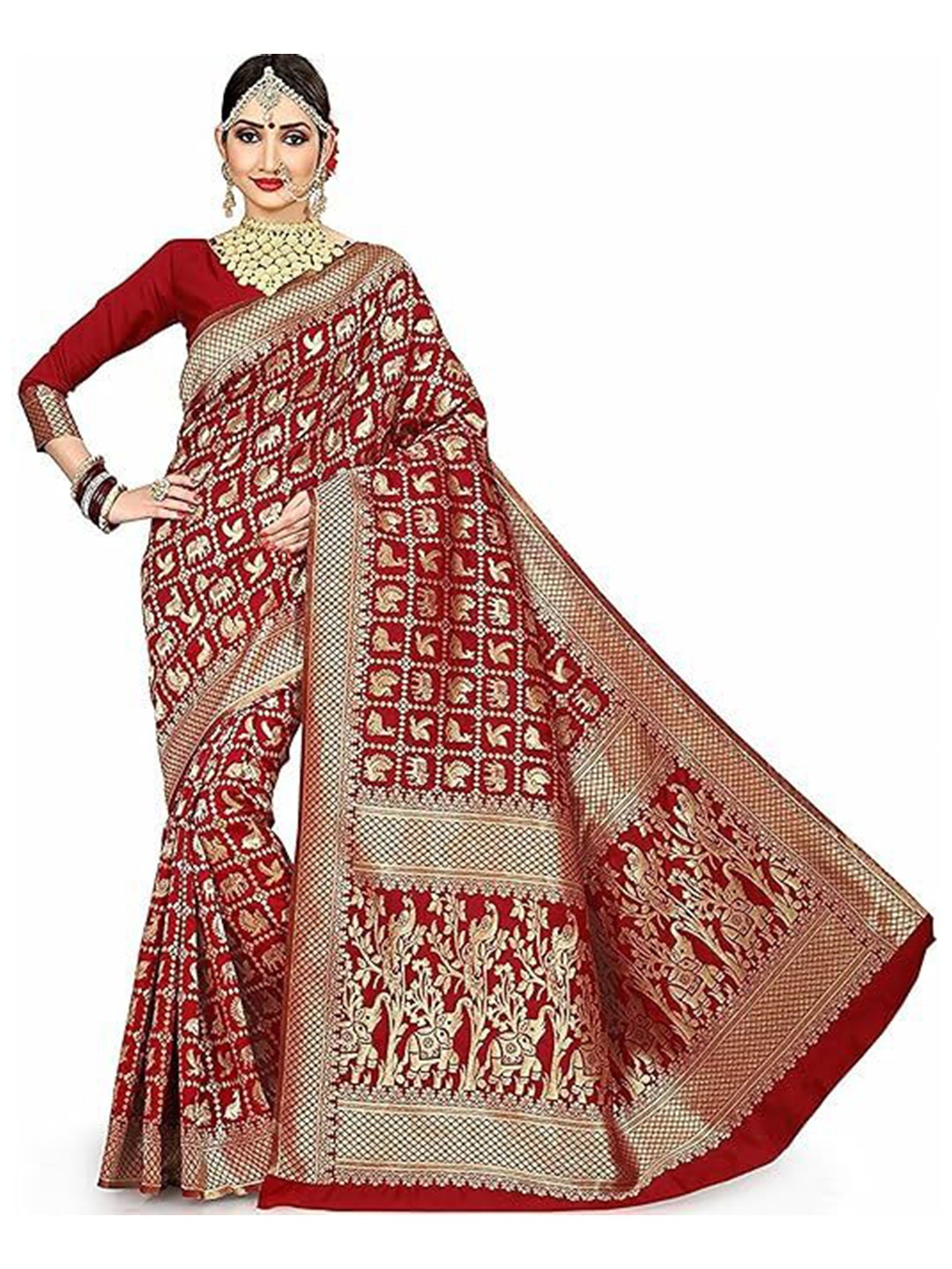 

KALINI Woven Design Zari Pure Silk Kanjeevaram Saree, Red
