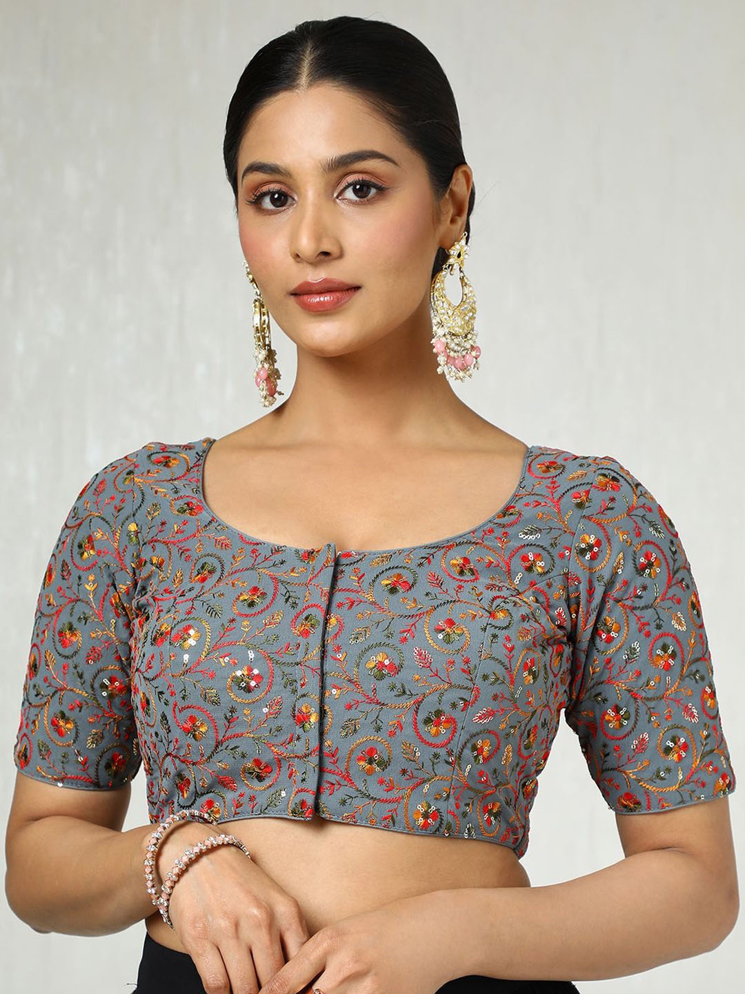 

Soch Embroidered U Neck Saree Blouse With Sequins, Grey