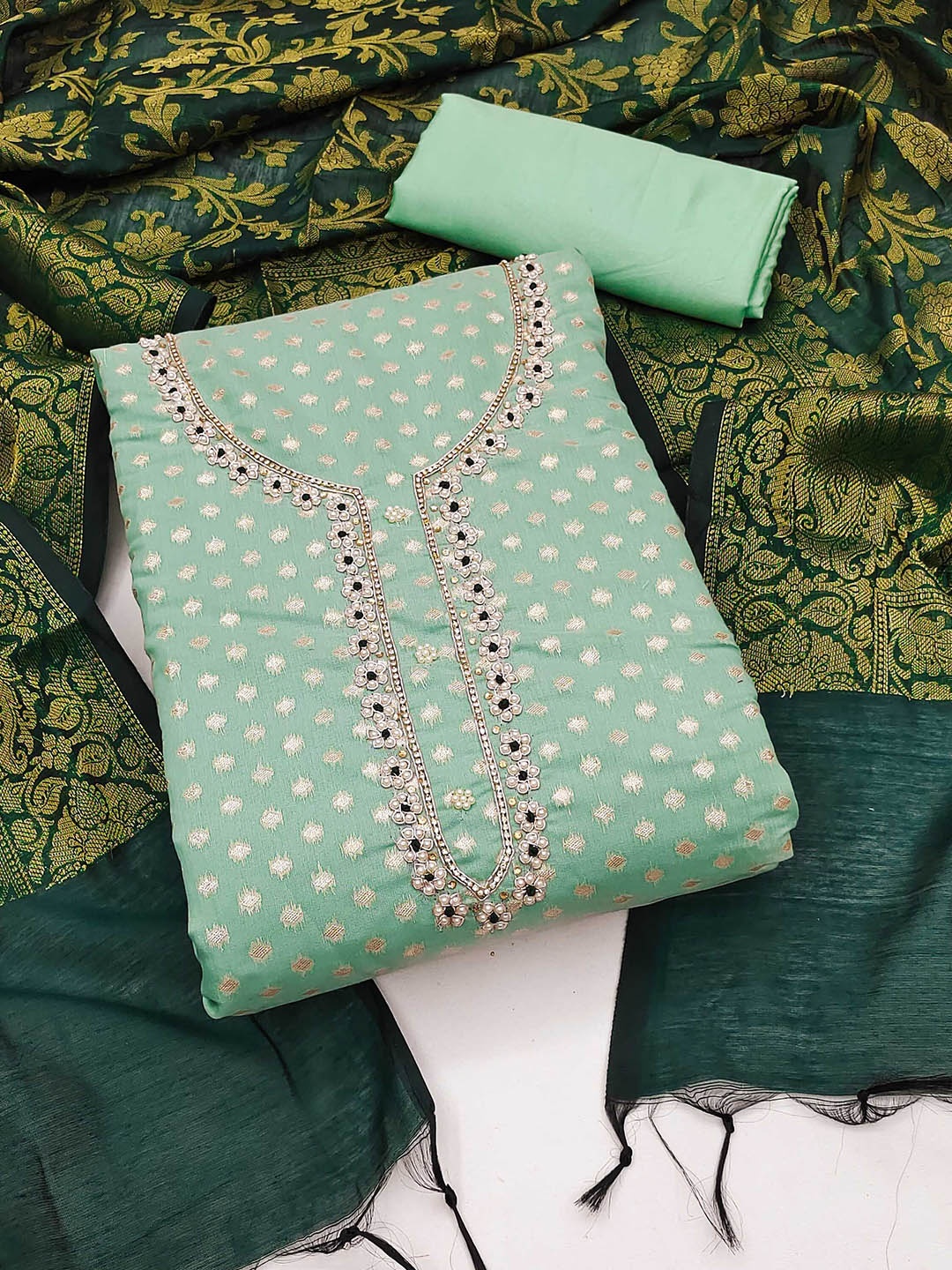 

SAINOOR Embroidered Beads And stones Semi-Stitched Dress Material, Green
