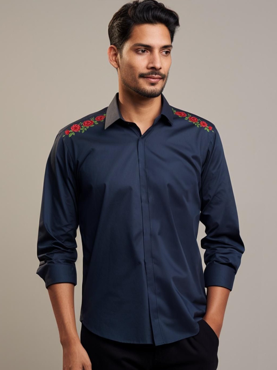 

HE SPOKE Men Smart Tailored Fit Floral Opaque Printed Party Shirt, Navy blue