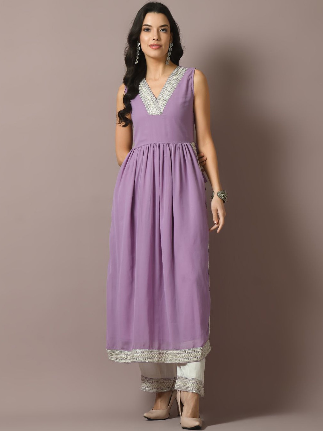 

KALINI Floral Yoke Design Sequinned Pleated Georgette A Line Kurta With Trousers, Lavender