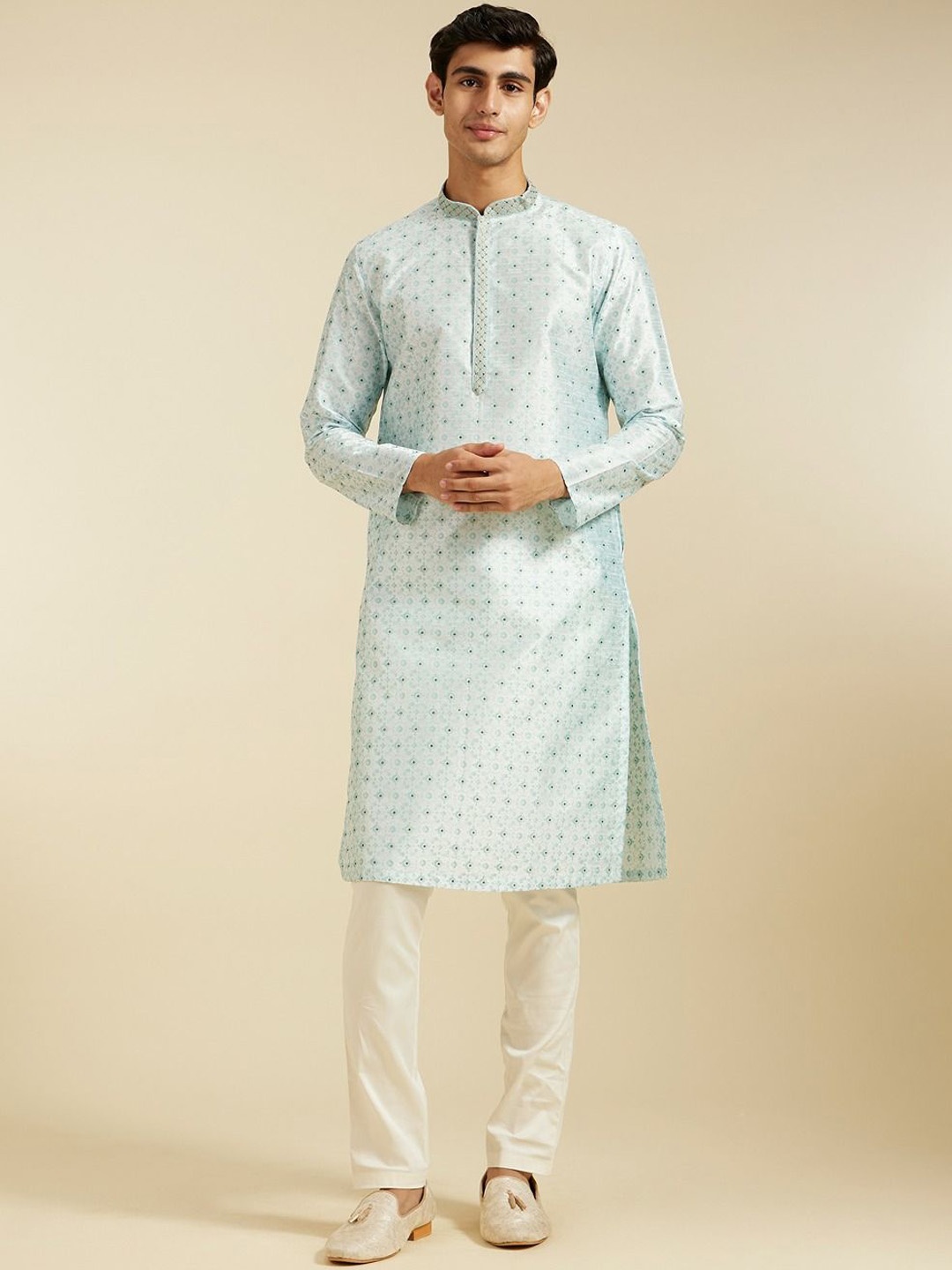 

Diwas by Manyavar Floral Printed Stones Work Art Silk Straight Kurta With Pyjamas, Blue
