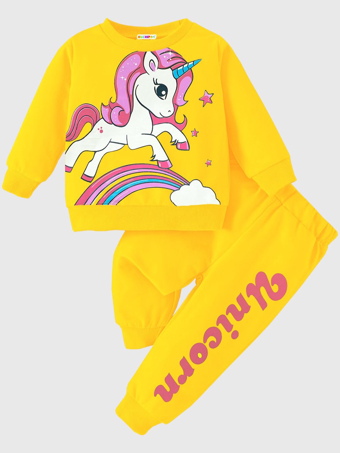 

KUCHIPOO Girls Printed Round Neck Sweatshirt With Jogger, Yellow