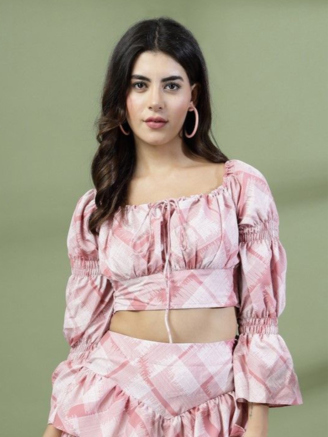 

DressBerry Floral Print Bell Sleeve Crepe Crop Top, Pink