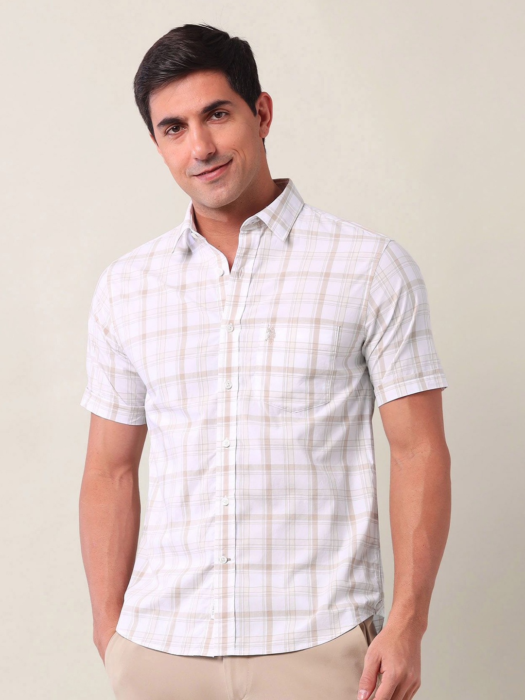 

U.S. Polo Assn. Men Tailored Fit Opaque Checked Casual Shirt, Beige
